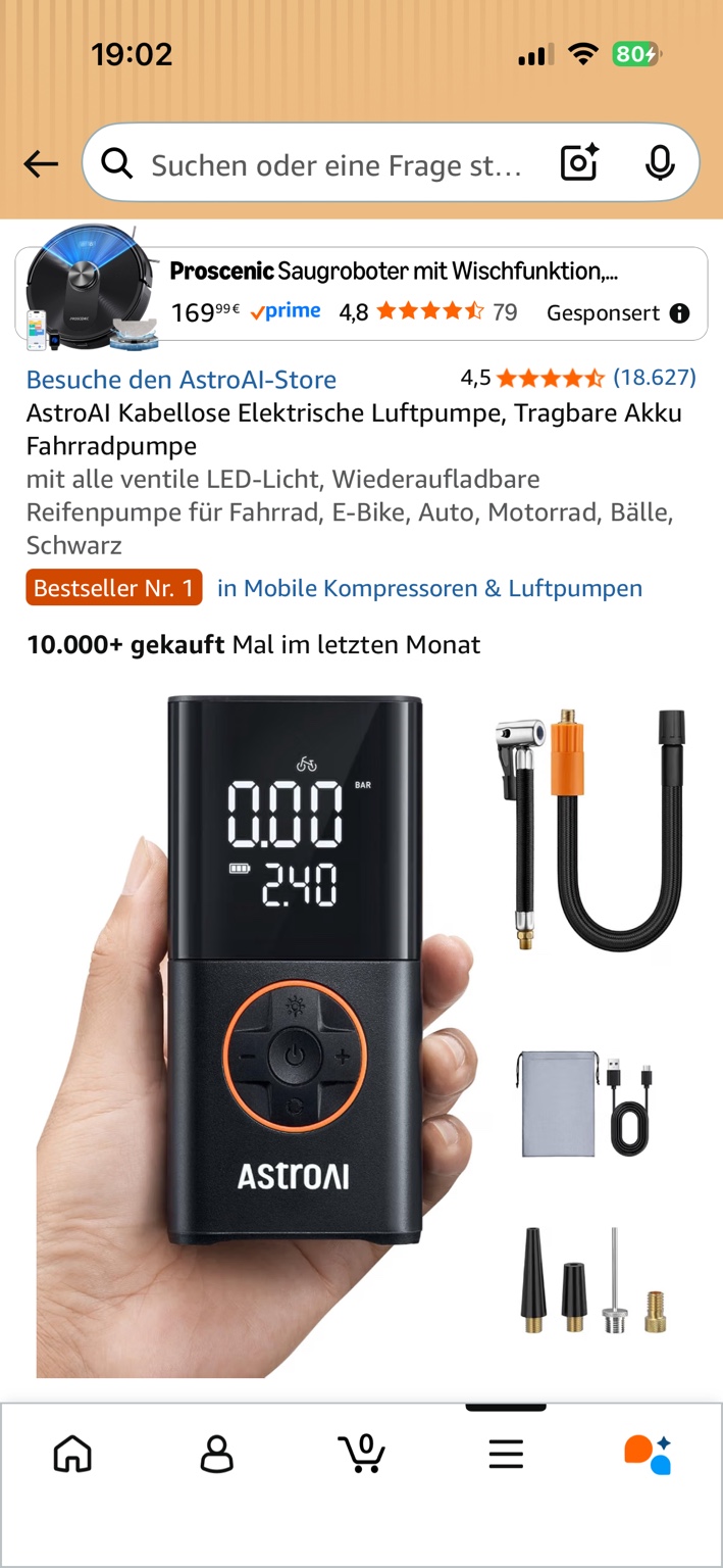 AstroAI schwarze kabellose Akku-Luftpumpe mit Zubehör