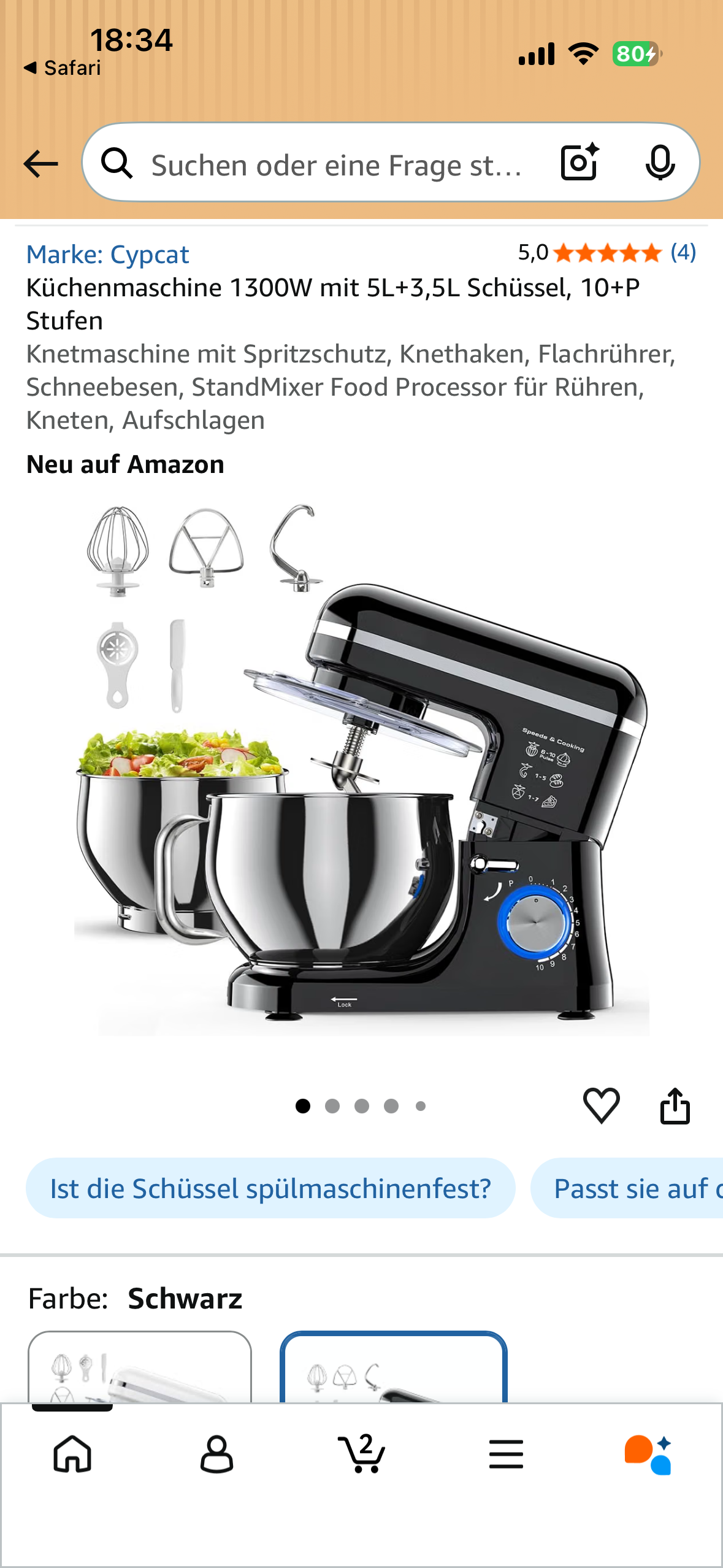 Schwarze Cypcat Küchenmaschine mit zwei Schüsseln und Rührzubehör