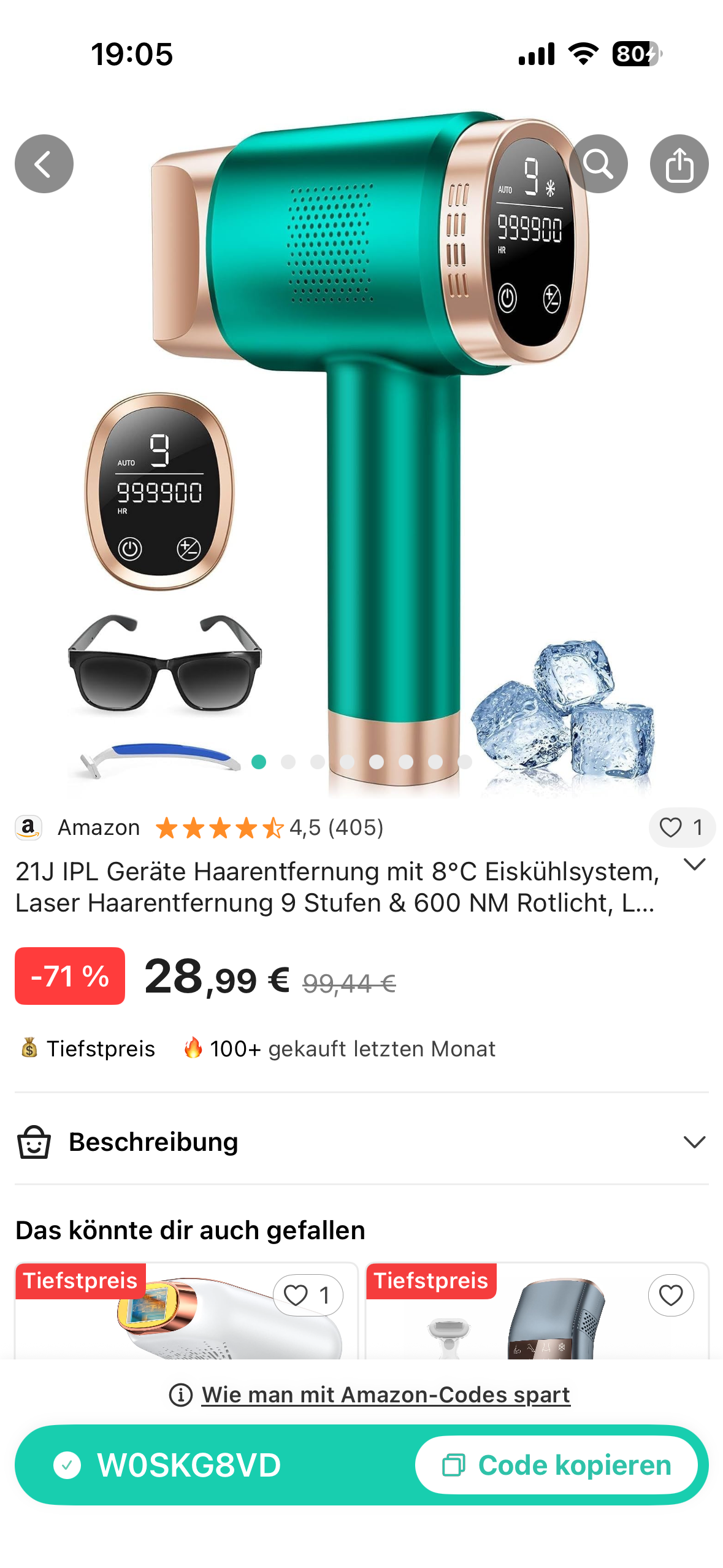Grün-goldenes IPL-Haarentfernungsgerät mit Schutzbrille und Rasierer