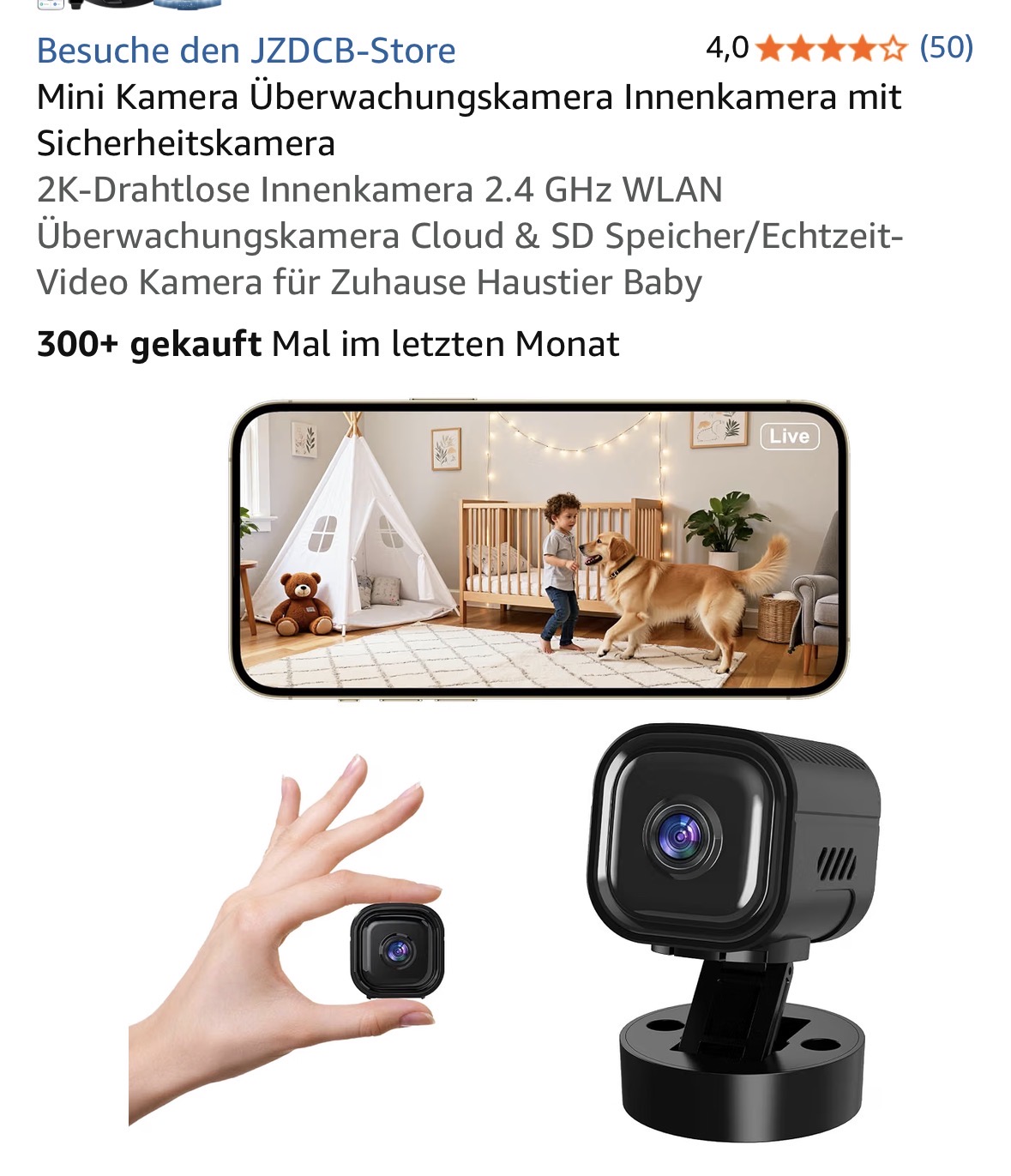 JZDCB Mini-Kamera mit Standfuß und Live-Ansicht auf einem Smartphone