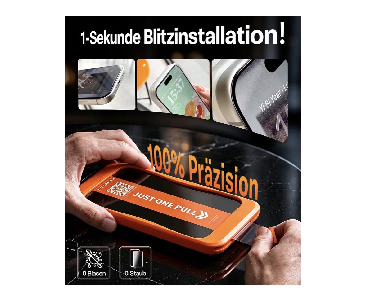 TORRAS Panzerglas mit orangefarbener Auto-Montagehilfe