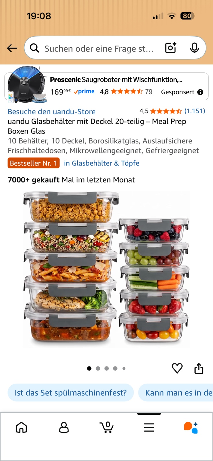 uandu zehn Glasbehälter mit grauen Deckeln